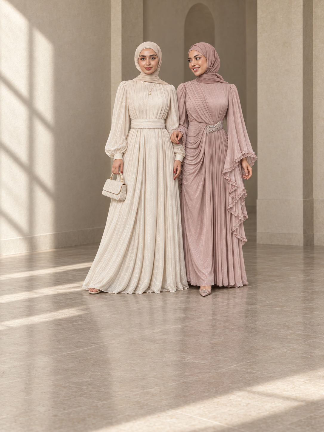 Lameral's ivory Adeline Pleated Gown and dusty rose Amara Draped Gown in a styled editorial scene.