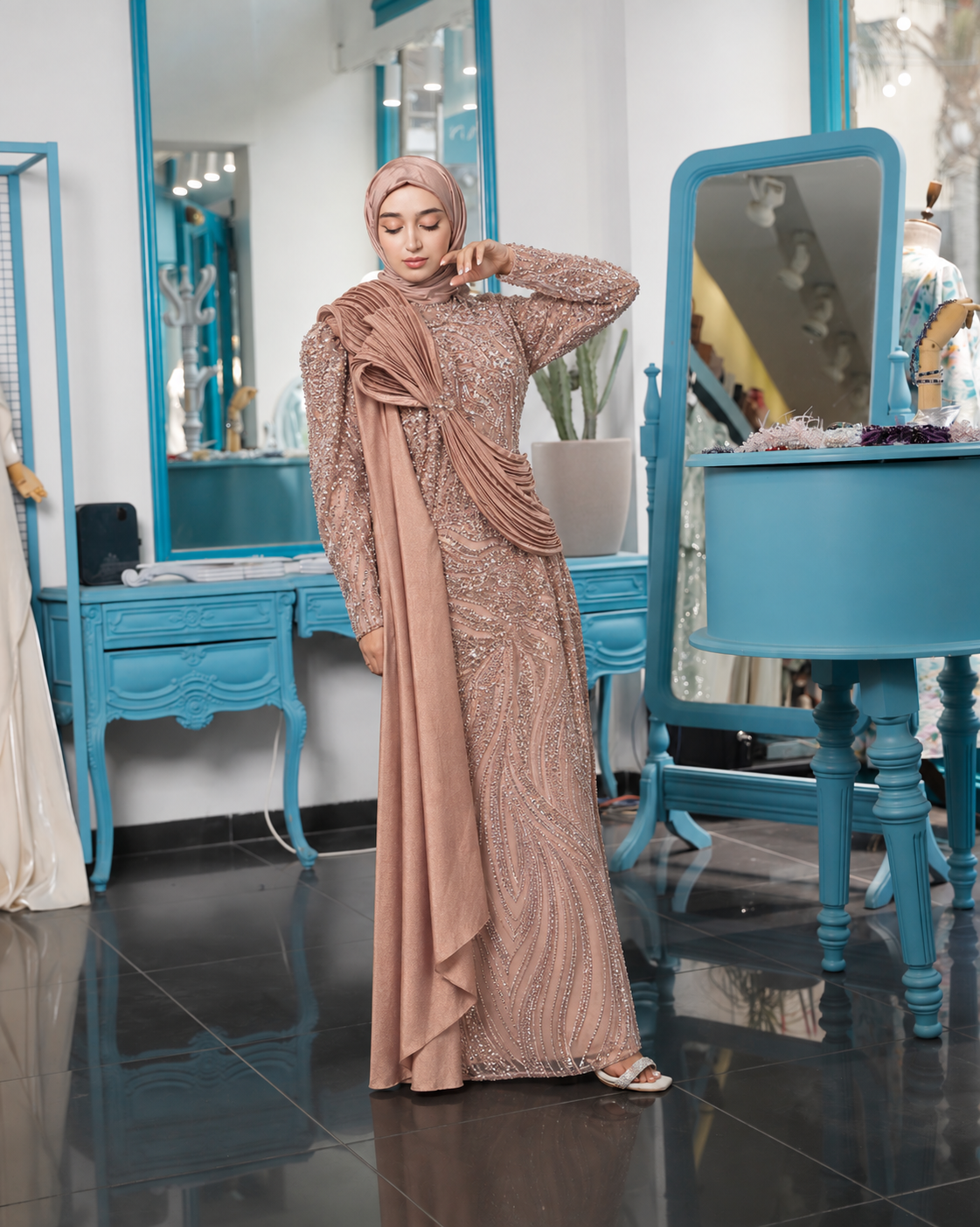 Gold-toned Sculpted Drape Gown with asymmetric pleated draping and a long side panel