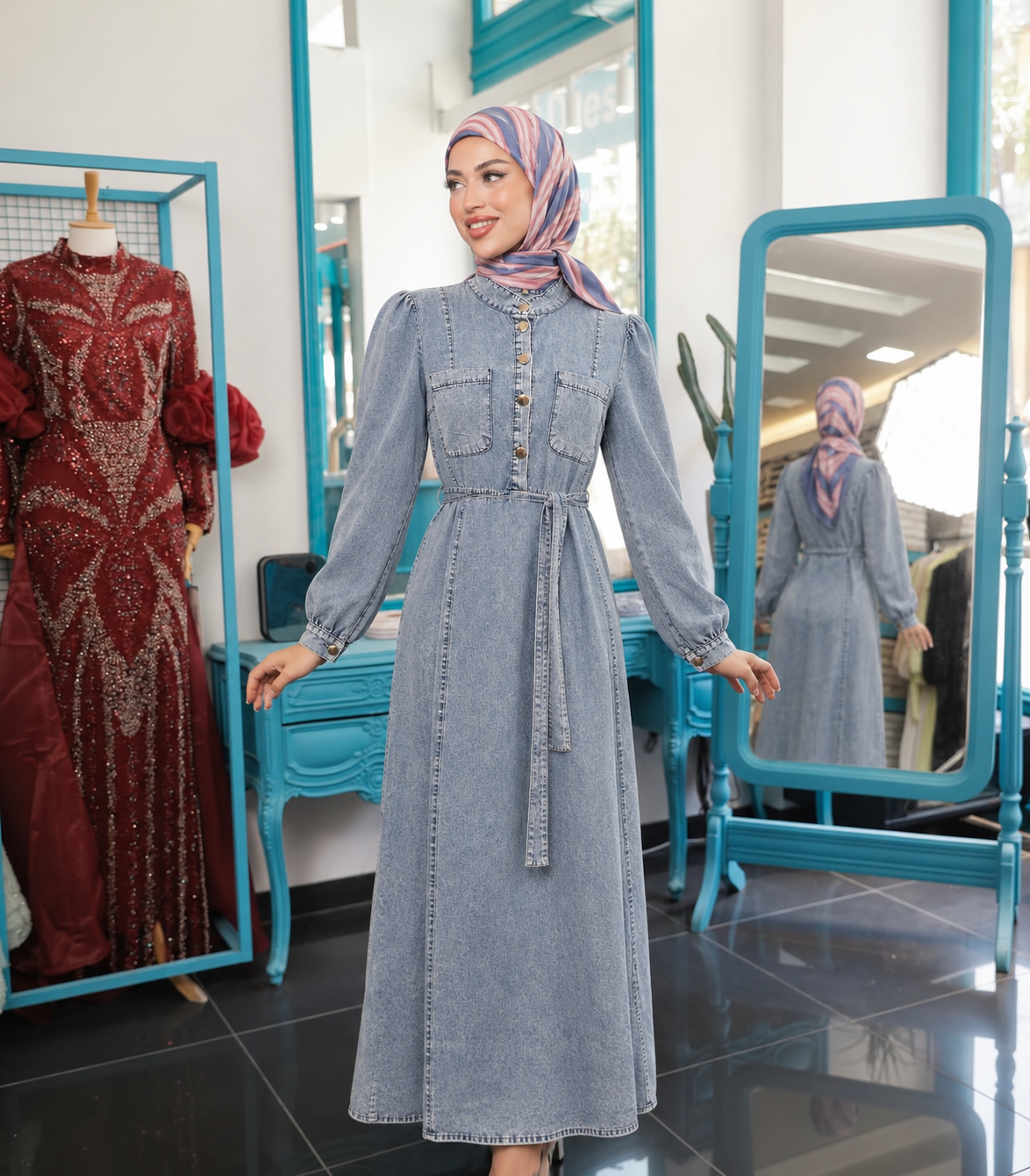 Button-Front Belted Denim Dress in light blue, with chest pockets, long sleeves, a waist tie and a long skirt.