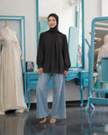 Front Pleat Chemise in black, with a central front pleat, gathered neckline and full long sleeves.