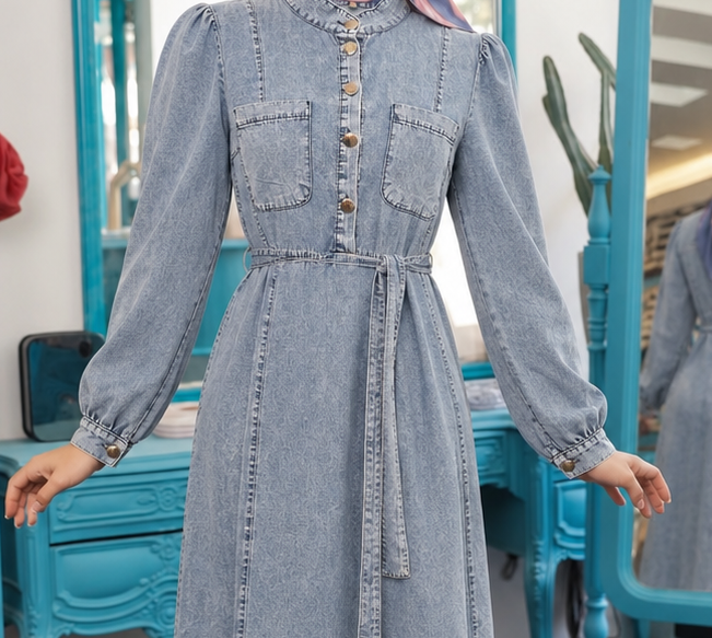 Close-up of Button-Front Belted Denim Dress, cropped directly from the original product photo.