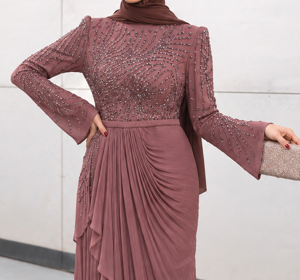 Close-up of Crystal Swirl Gown showing burgundy gown beadwork bodice, flared cuffs and gathered hip drape, cropped from the original product photo.