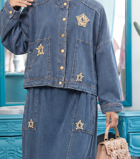 Close-up of Designed Denim Skirt Set, cropped directly from the original product photo.