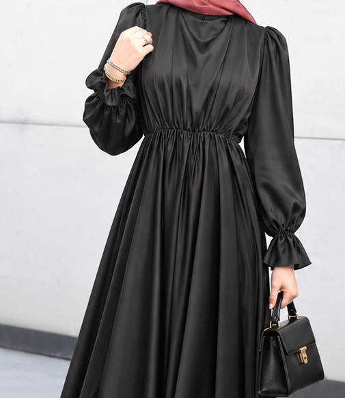 Close-up of Satin Gathered-Waist Dress, cropped directly from the original product photo.